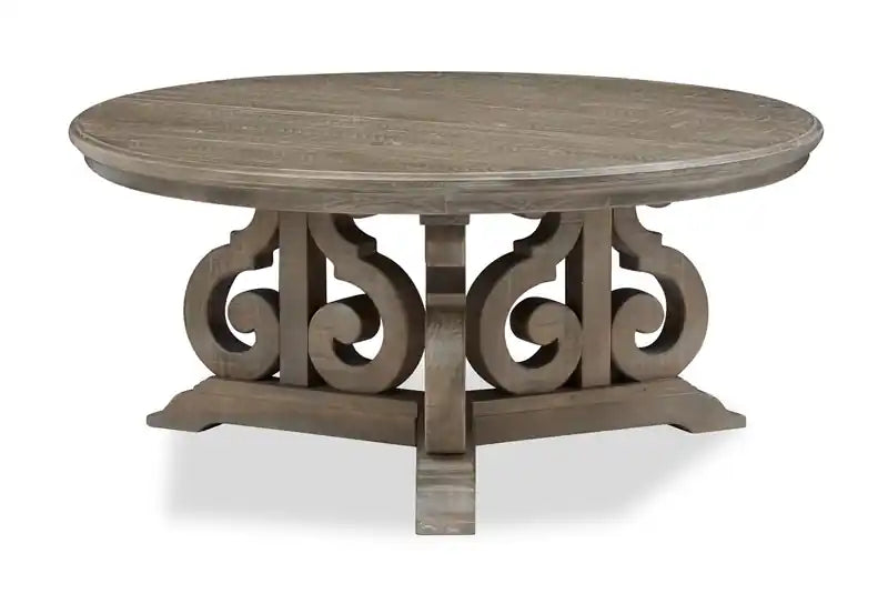 Tinley Park 40 Traditional Round Coffee Table - Grey-Brown Pine with Scroll Design Base