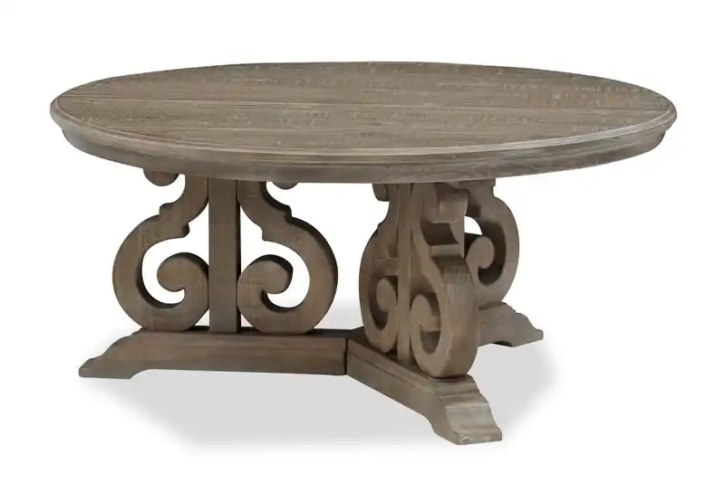 Table Basse Ronde Traditionnelle 40" - Pin Gris-Brun avec Piètement à Volutes