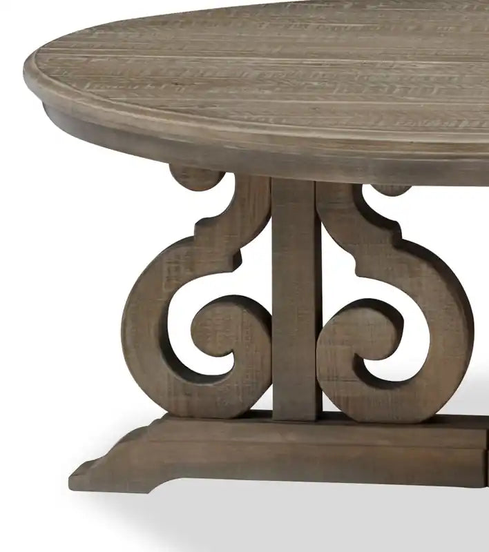 Table Basse Ronde Traditionnelle 40" - Pin Gris-Brun avec Piètement à Volutes