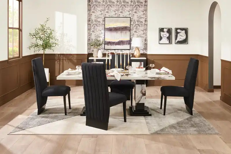 Table à manger, effet marbre, pied central, 82W - Noir et blanc