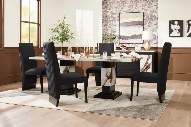 Table à manger, effet marbre, pied central, 82W - Noir et blanc