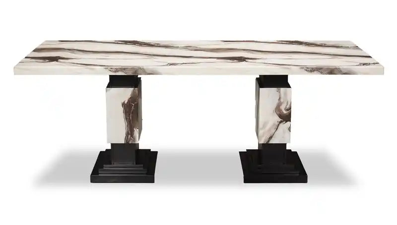 Table à manger, effet marbre, pied central, 82W - Noir et blanc