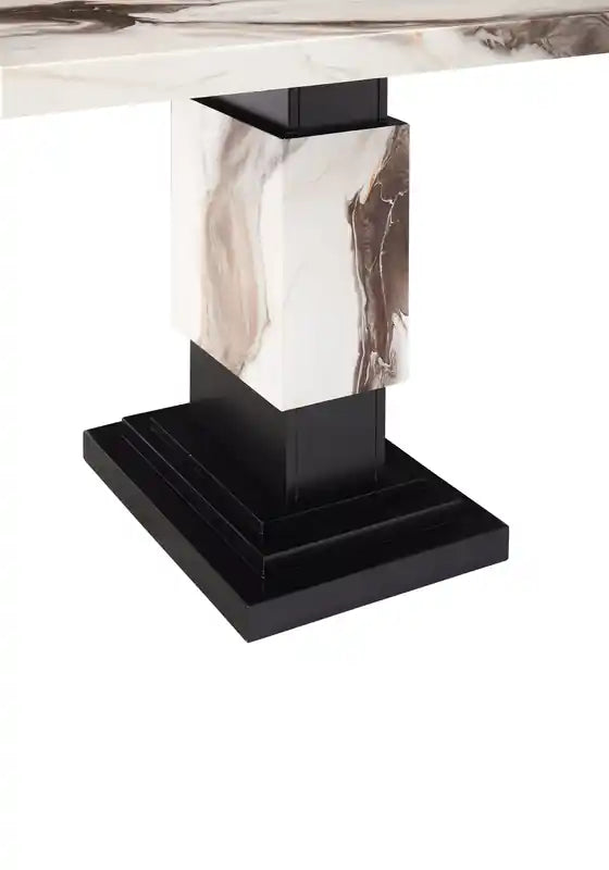 Table à manger, effet marbre, pied central, 82W - Noir et blanc