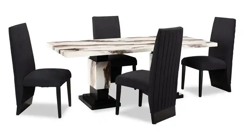 Table à manger, effet marbre, pied central, 82W - Noir et blanc