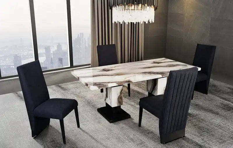 Table à manger, effet marbre, pied central, 82W - Noir et blanc
