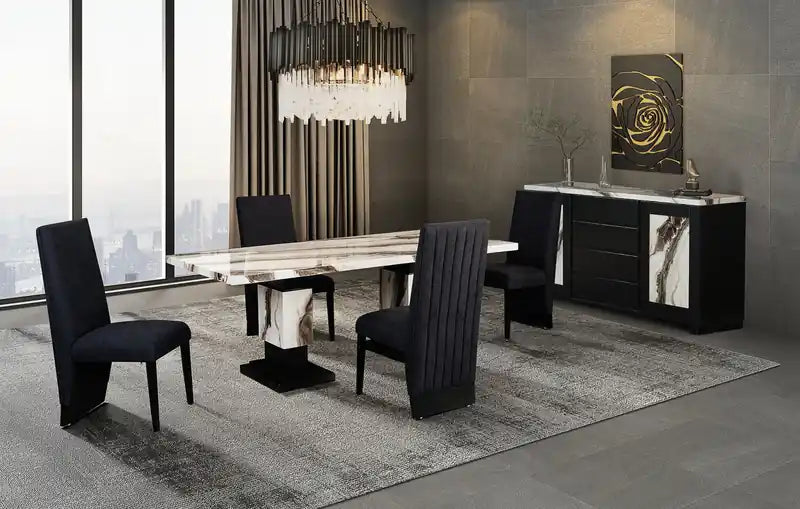 Table à manger, effet marbre, pied central, 82W - Noir et blanc