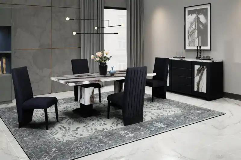Table à manger, effet marbre, pied central, 82W - Noir et blanc