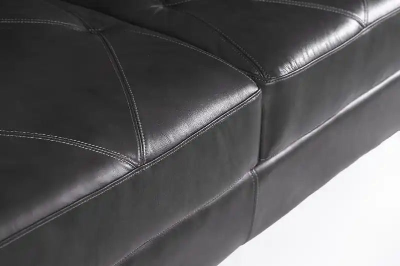 Causeuse en cuir véritable avec coutures à motif de losanges et pieds en bois - Vert écume de mer