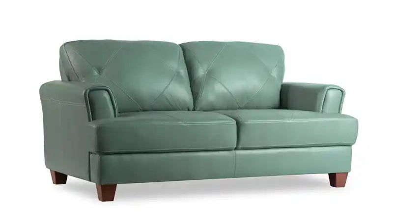 Causeuse en cuir véritable avec coutures à motif de losanges et pieds en bois - Vert écume de mer