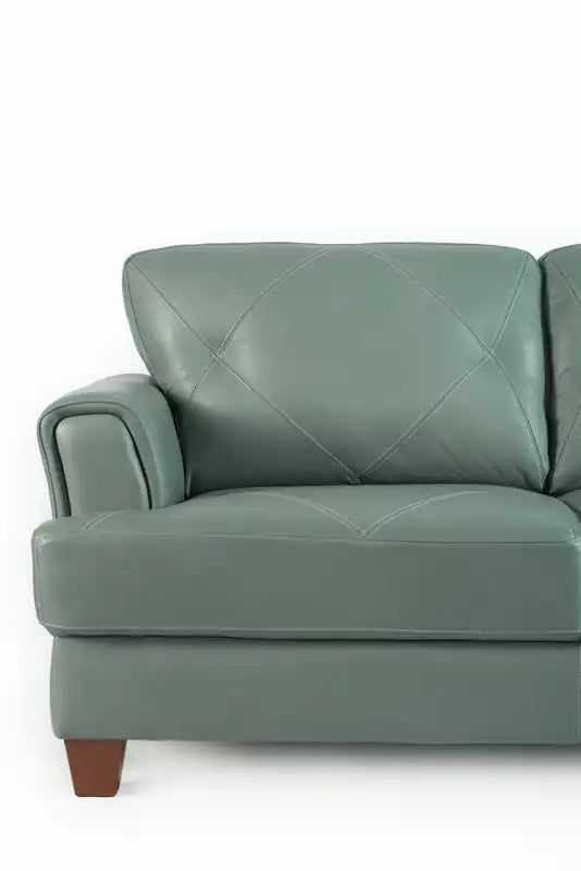 Causeuse en cuir véritable avec coutures à motif de losanges et pieds en bois - Vert écume de mer